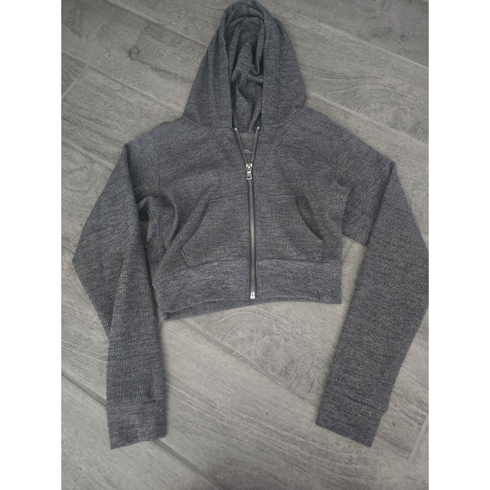 Gilly Hicks Go Women XXS Gray Waffle Knit Cropped Full Zip Hoodie Sweatshirt